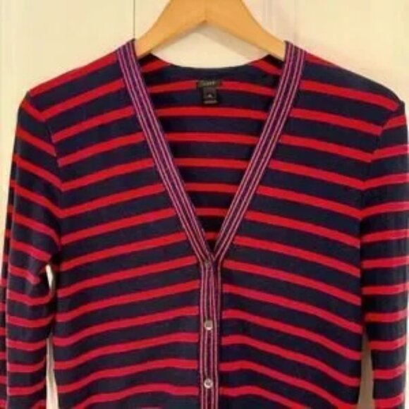 J. Crew Blue Red Stripe Metallic Trim V Neck Cotton Cardigan Sweater XS - Picture 2 of 3